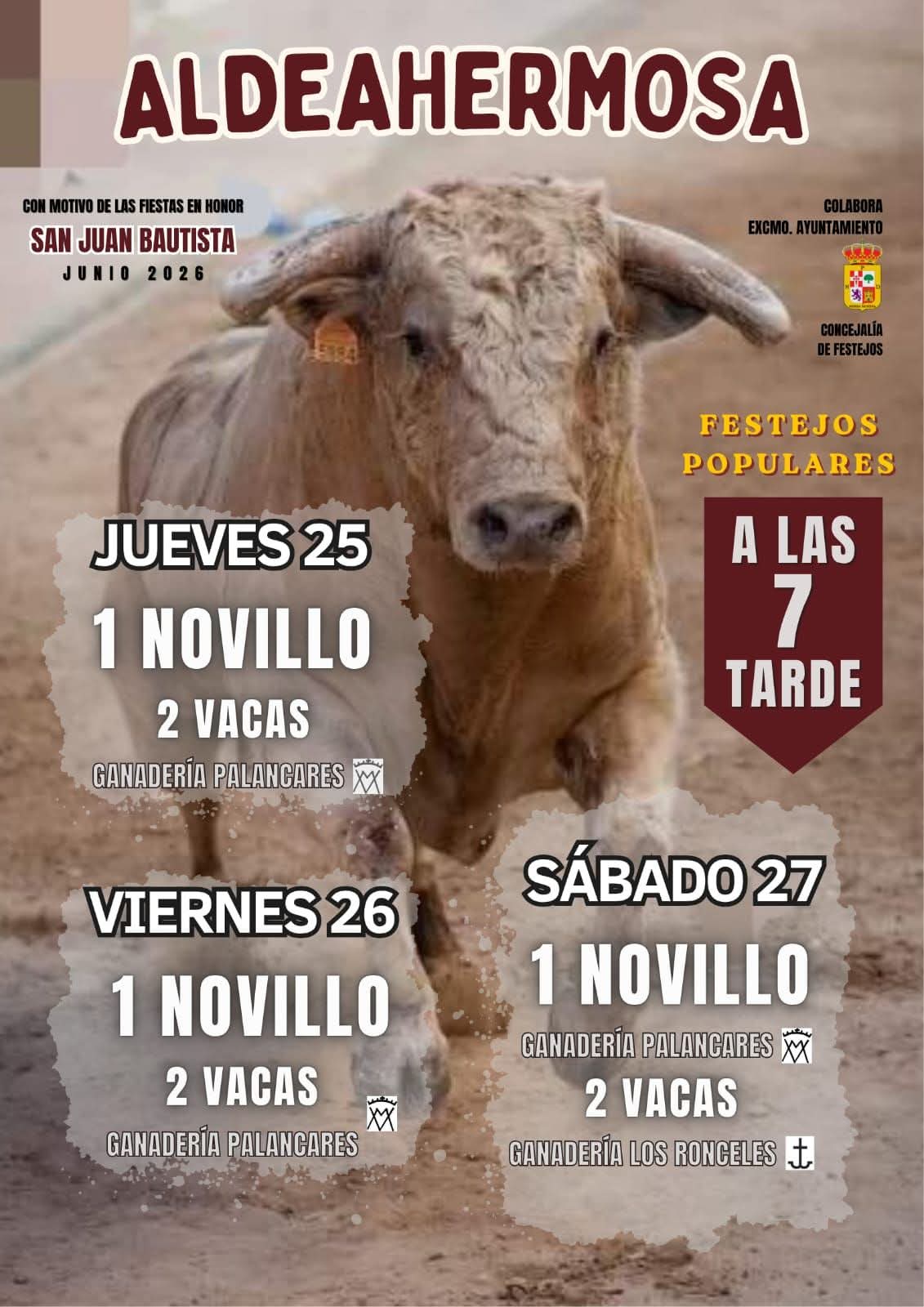 Lahiguera y Aldeahermosa abrirán las fiestas de San Juan en la provincia de Jaén Cartel de novillos fiestas de San Juan Bautista 2026 Aldehermosa de Montizón