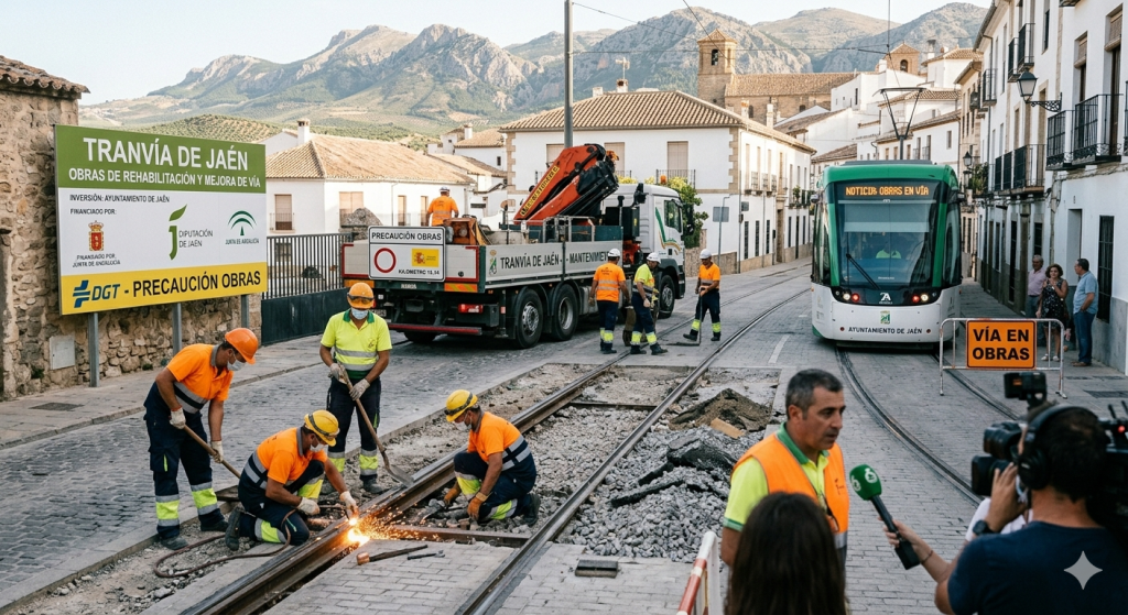 Trabajos de reparación en el trazado del tranvía de Jaén para avanzar en su puesta en servicio.