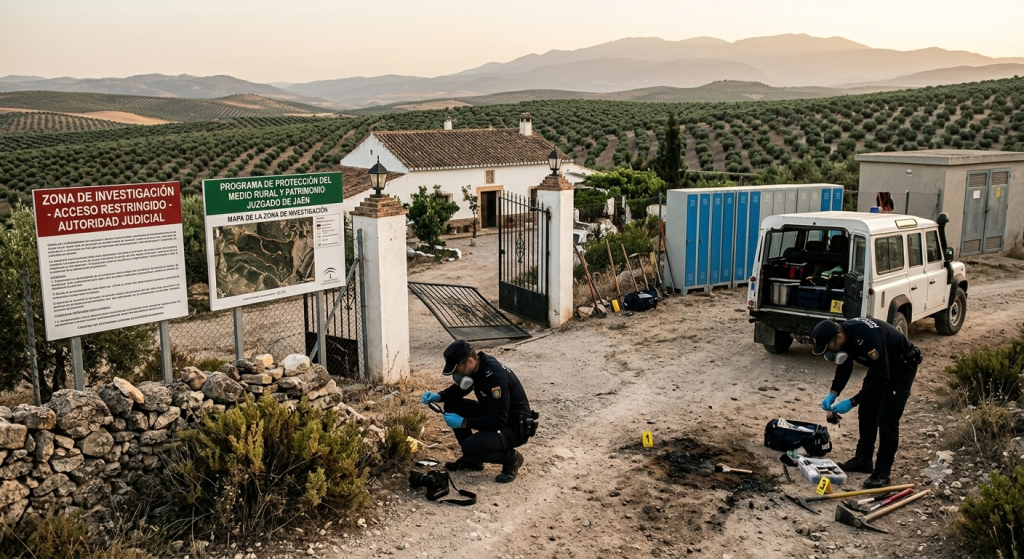 Agentes de la Guardia Civil durante la investigación de un robo en una vivienda rural de Andújar.