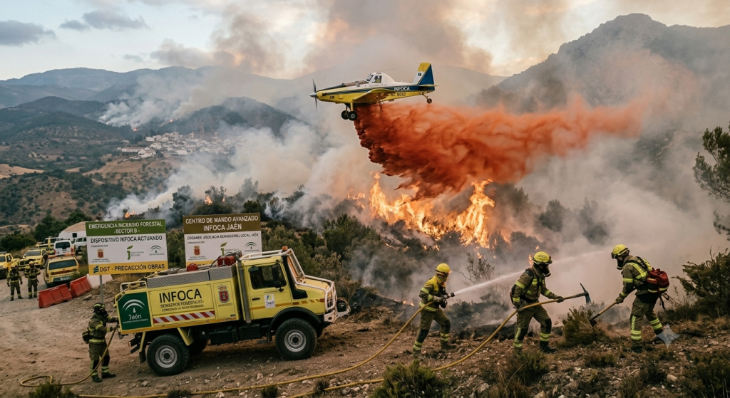 Incendio forestal activo en el Camino de la Rana, en Linares, con medios del Plan INFOCA.