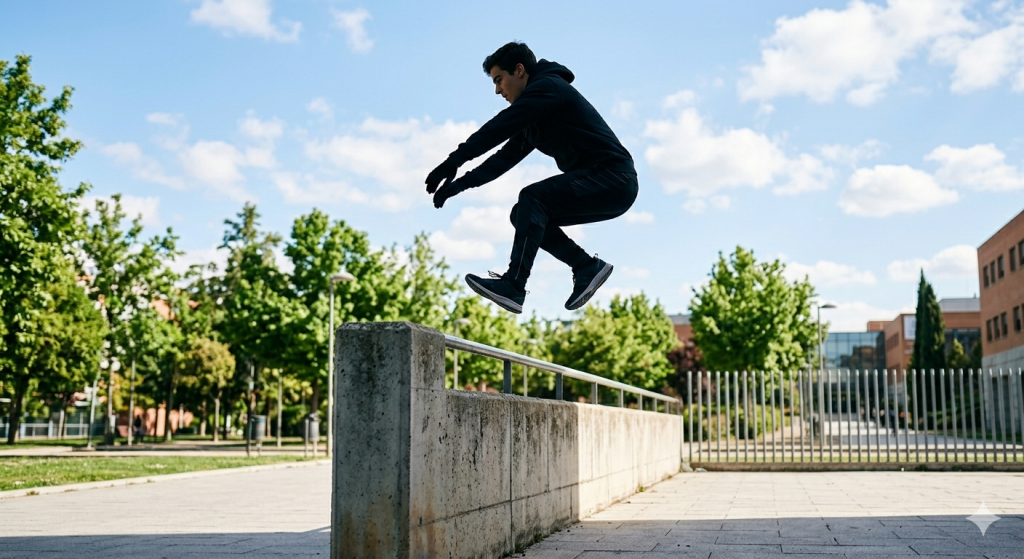 Joven practicando un salto en el Dia Mundial del Parkour en junio de 2026