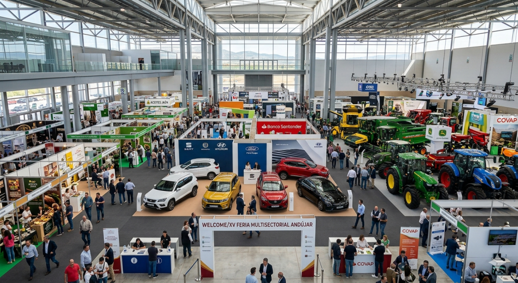 La XV Feria Multisectorial “Ciudad de Andújar” reunirá a más de 60 empresas del 4 al 6 de junio Pabellon ferial con stands comerciales de automocion y agricultura en la Feria Multisectorial de Andujar Jaen