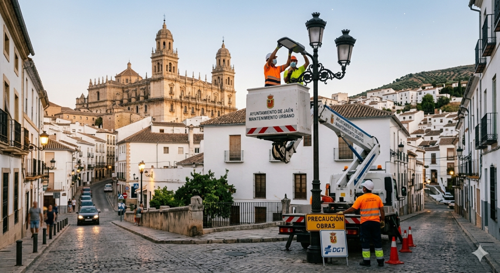 Operarios trabajando en la renovación de luminarias del alumbrado público de Jaén.