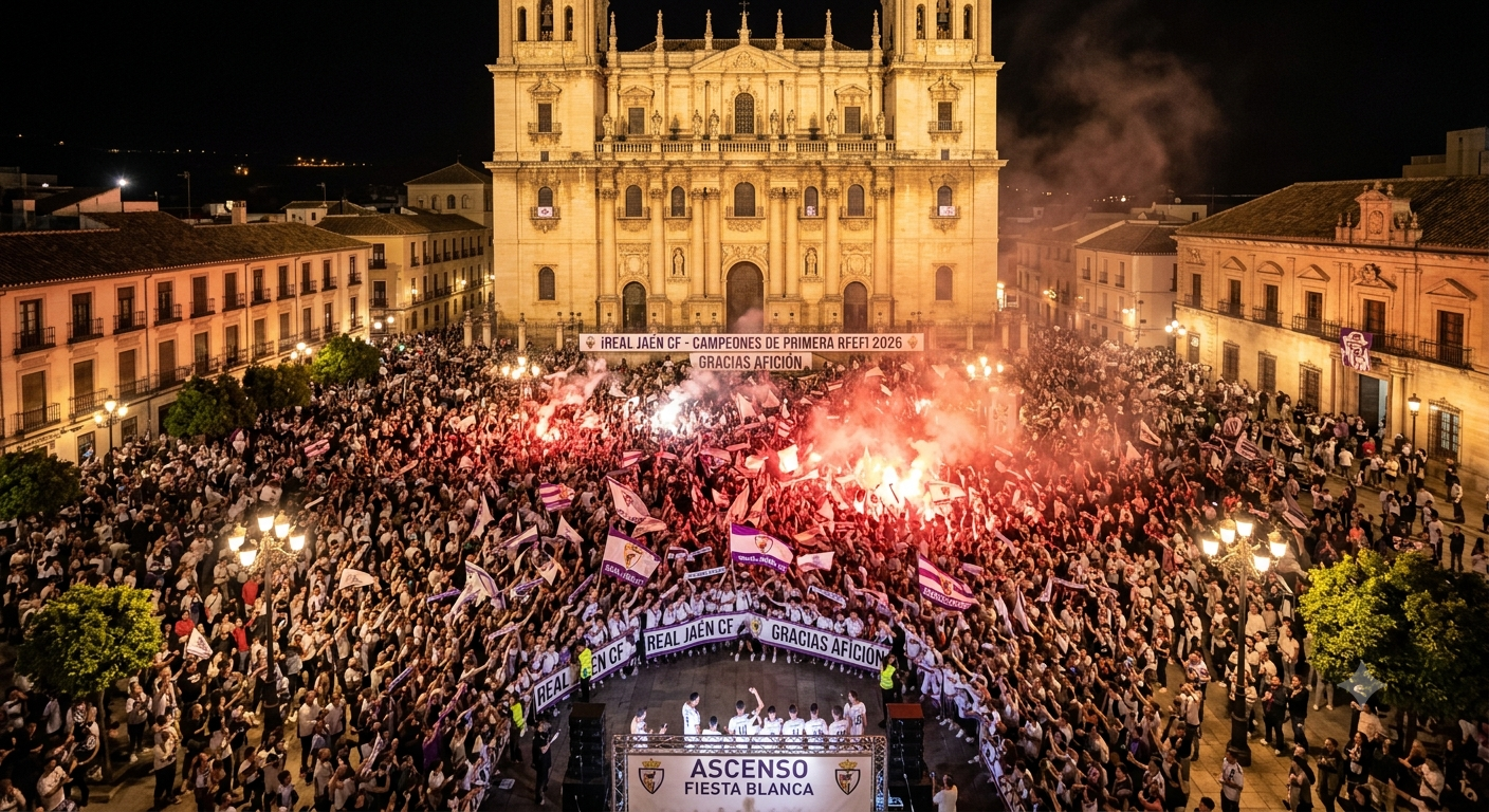 Celebracion del ascenso del Real Jaen a Primera RFEF en la plaza de santa maria
