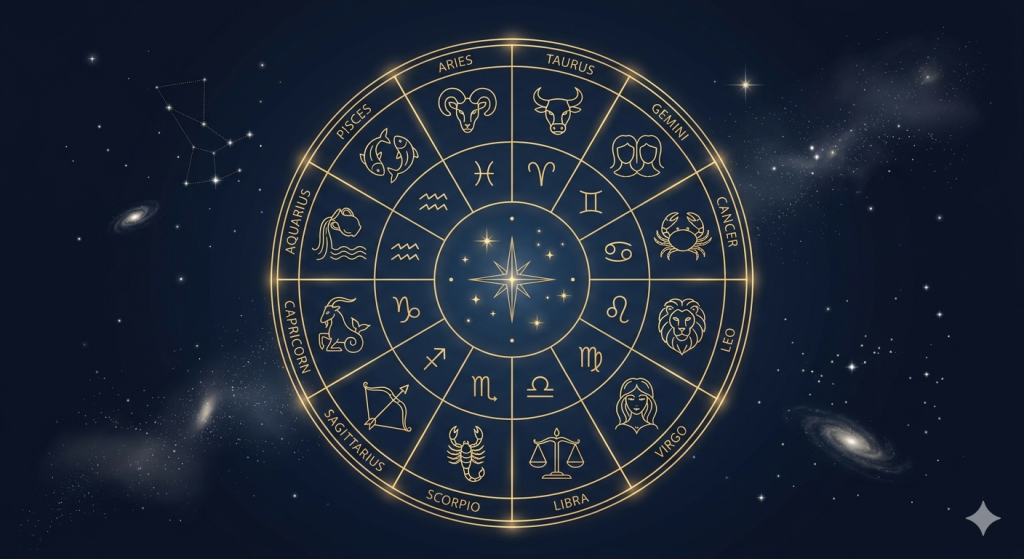 Ilustración de los doce signos del zodiaco con la predicción del horóscopo para el 5 de julio de 2026.