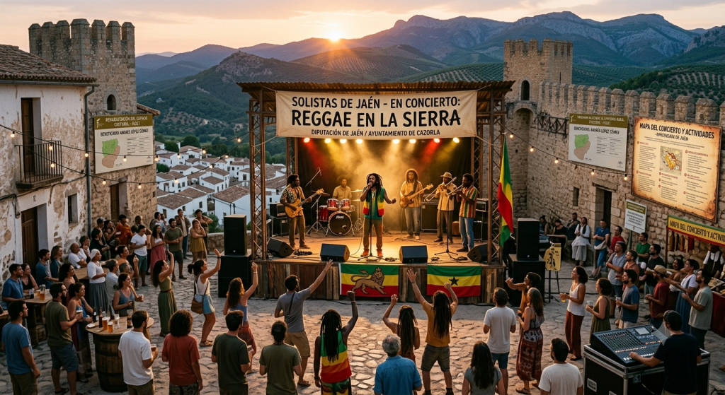 Ambiente durante un festival de verano en la provincia de Jaén con público disfrutando de actividades culturales al aire libre.