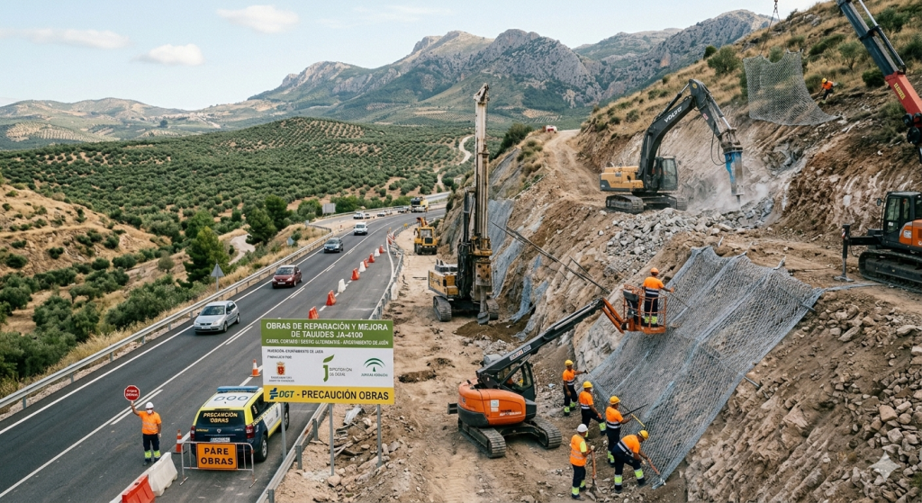 Obras de estabilización del terreno en la carretera JA-4100 entre Bailén y Baños de la Encina.