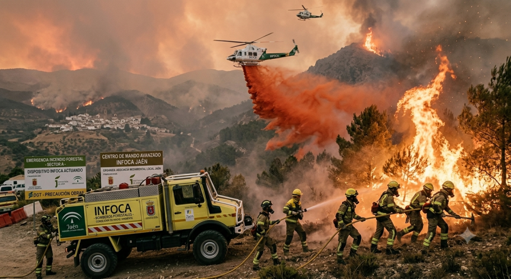 Medios del Plan INFOCA trabajando en la extinción del incendio forestal declarado en el Parque Natural de Despeñaperros.