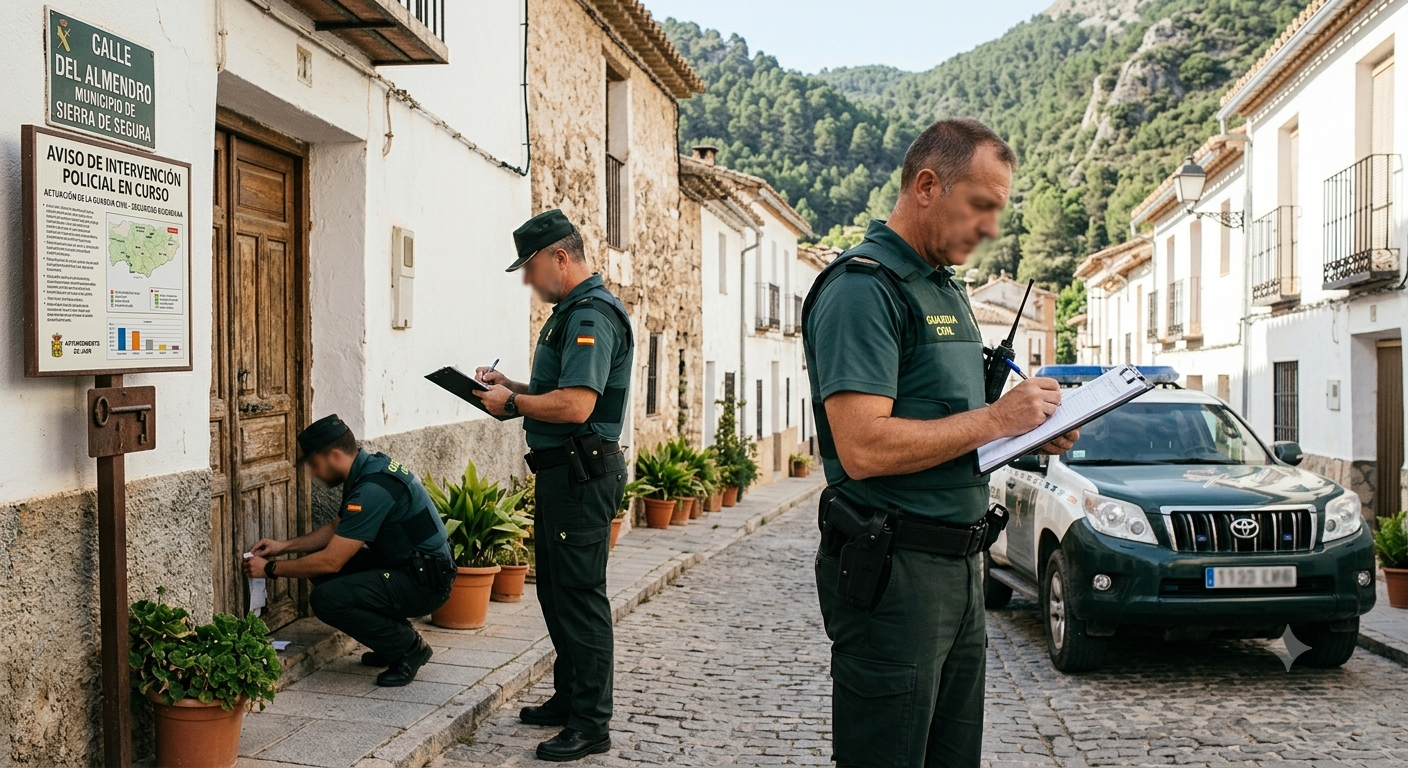 Agentes de la Guardia Civil durante la investigación del robo con violencia y detención ilegal en La Puerta de Segura.