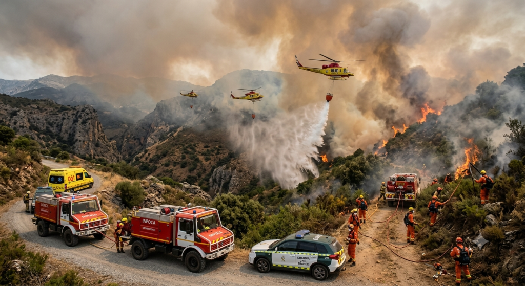 Medios del INFOCA trabajando en el incendio forestal de Santa Elena, junto a Despeñaperros.