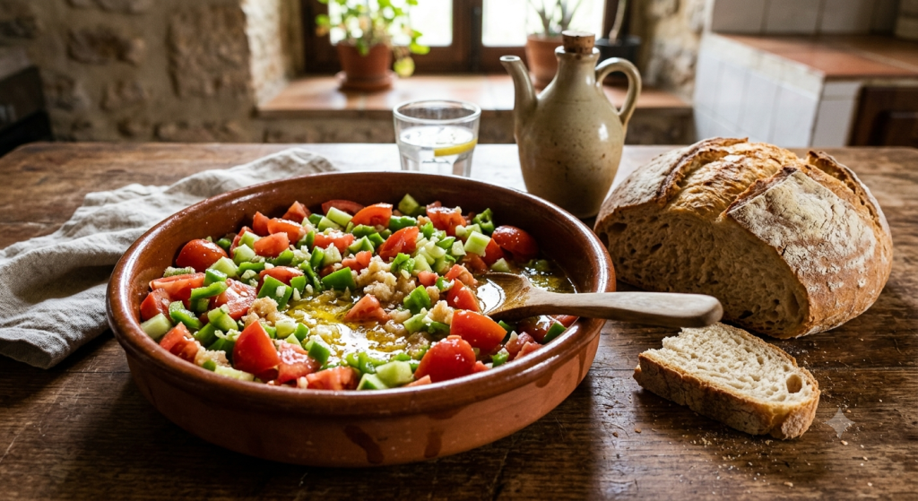 Para esta semana de pleno verano, cuando los huertos de la provincia están en su máximo esplendor, el protagonista indiscutible de nuestra tierra es el Pipirrana jiennense. : Tradicional pipirrana jiennense en dornillo de madera con aceite de oliva.
