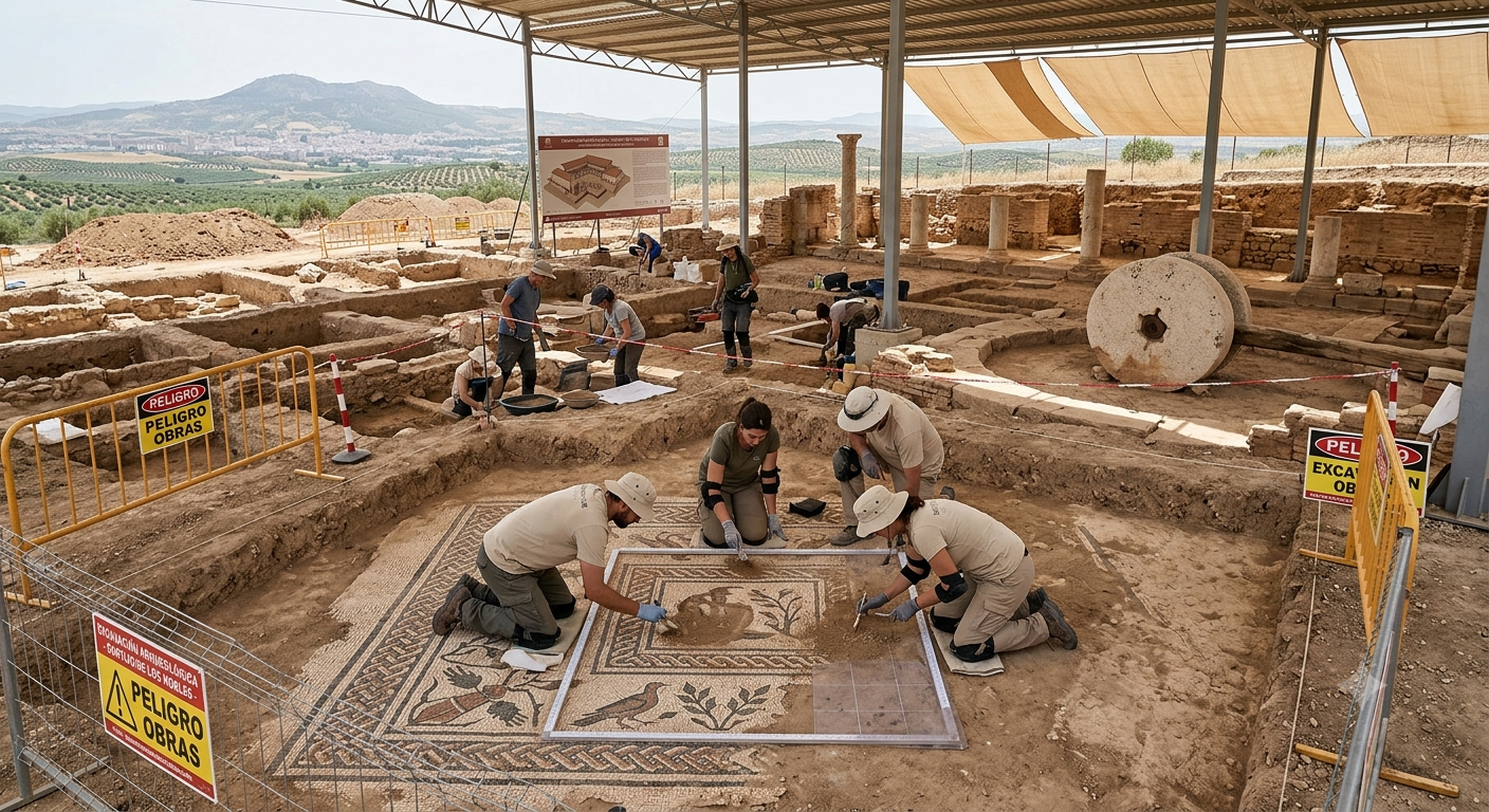 Un nuevo mosaico confirma el enorme valor histórico de la villa romana del Cortijo de los Robles de Jaén Arqueólogos trabajan junto al nuevo mosaico hallado en la villa romana del Cortijo de los Robles de Jaén.