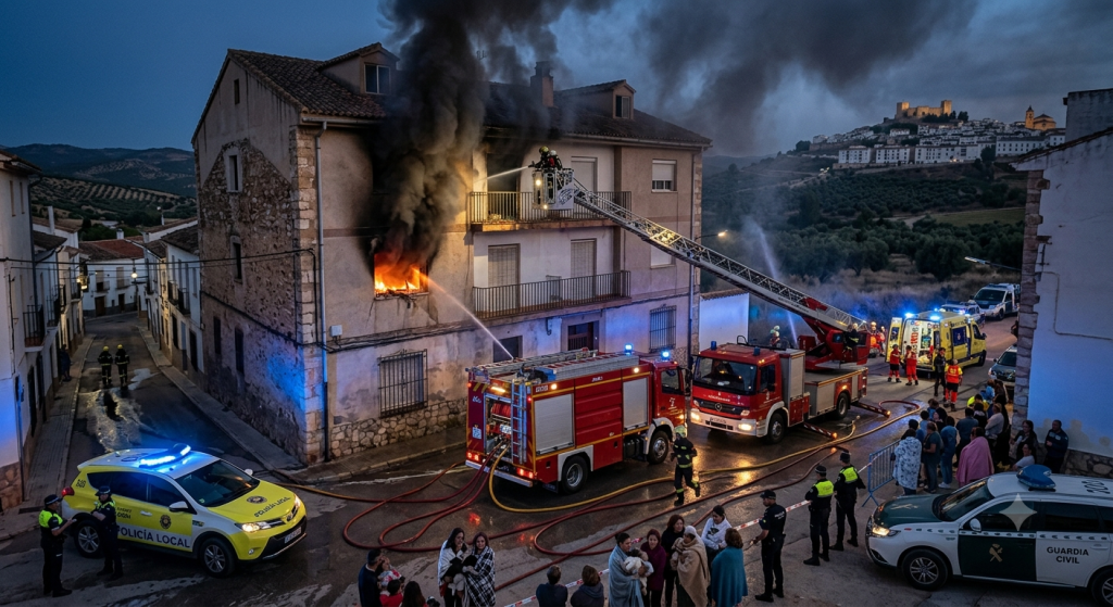 Bomberos trabajan en la extinción del incendio de una vivienda en La Carolina.