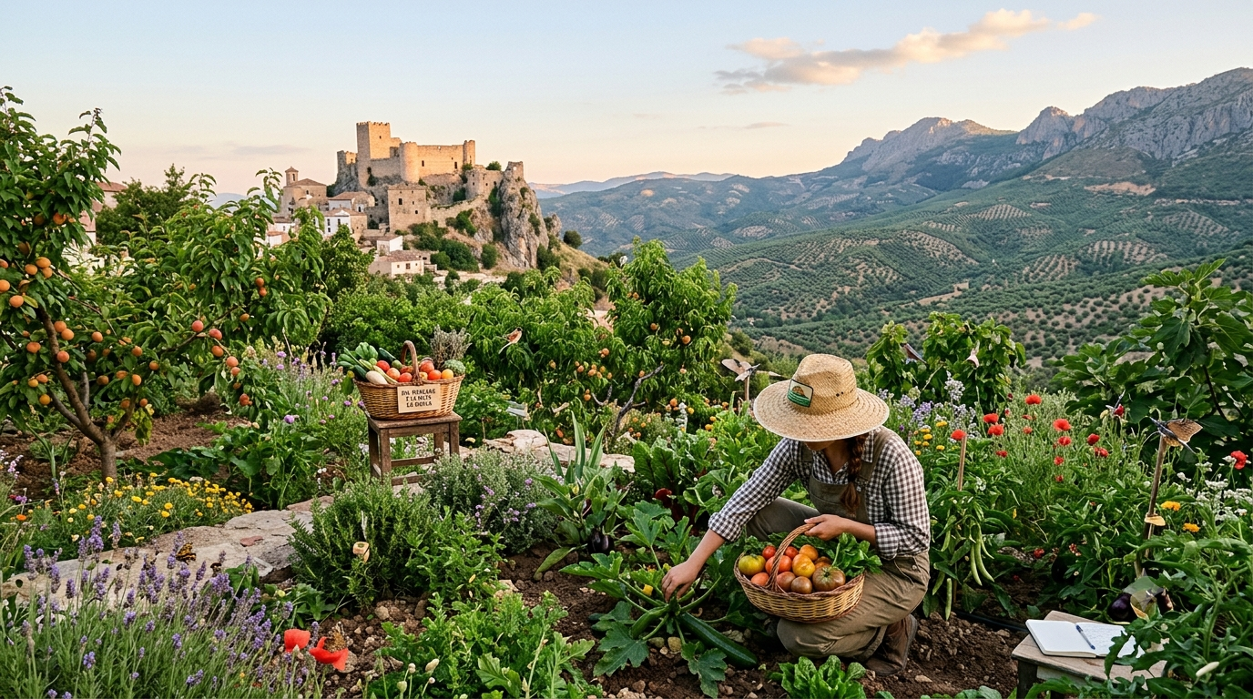 Rocío Olivares trabaja en su huerta familiar de agricultura regenerativa en La Iruela