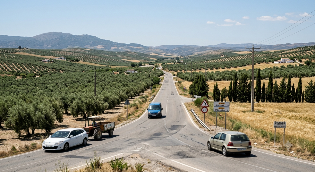 Carretera que conecta los municipios de Mengíbar y Cazalilla en la provincia de Jaén. Etiquetas