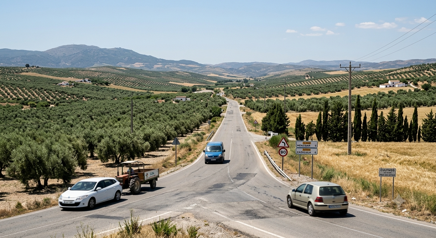 Carretera que conecta los municipios de Mengíbar y Cazalilla en la provincia de Jaén. Etiquetas