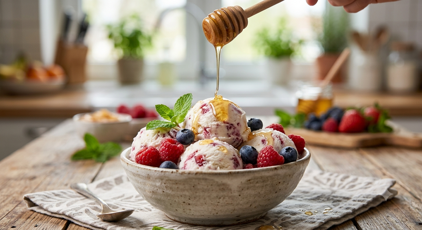 Helado casero de yogur y frutos rojos cremoso sin heladera.