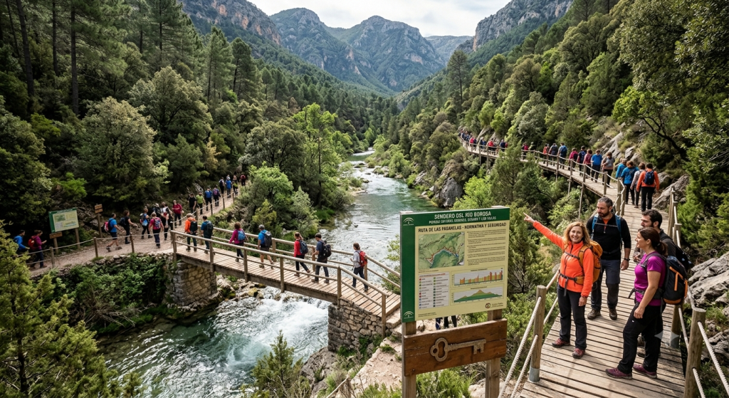 Senderistas recorren el sendero del río Borosa tras su reapertura en el Parque Natural de Cazorla.