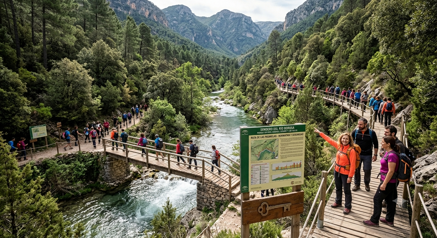 Senderistas recorren el sendero del río Borosa tras su reapertura en el Parque Natural de Cazorla.