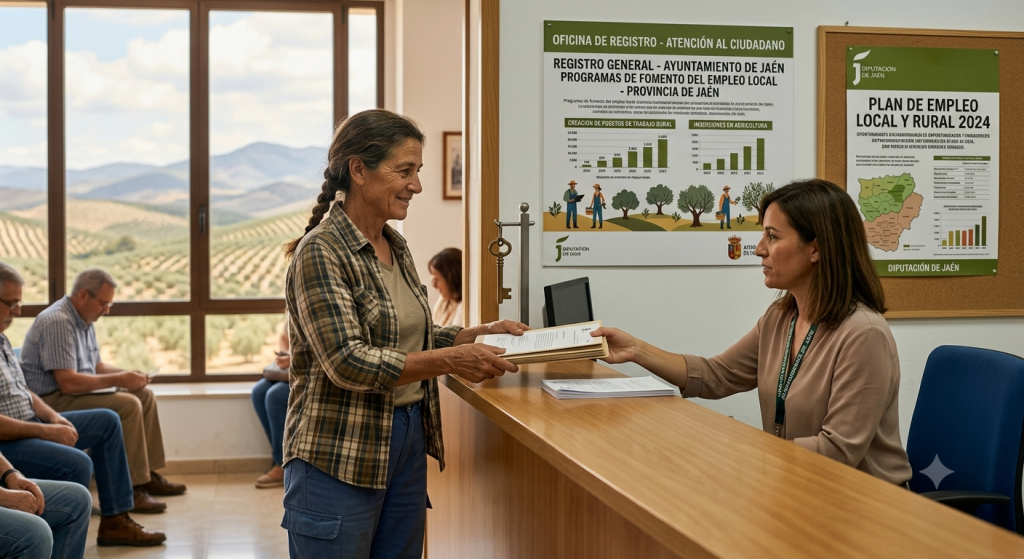 Una mujer del sector agrario solicita información y presenta su documentación en las oficinas municipales para el Plan Especial de Empleo Municipal de la Diputación de Jaén.