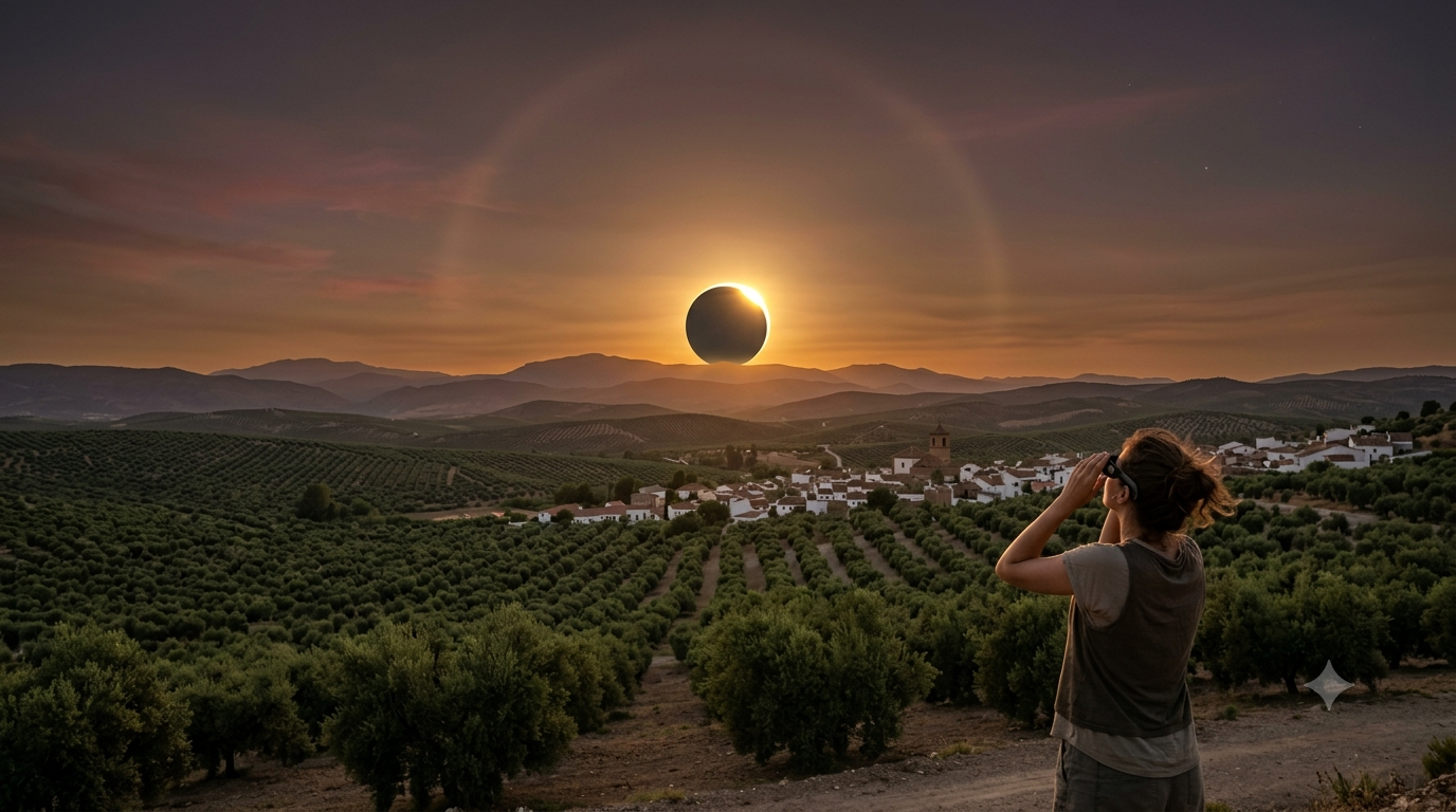 Eclipse solar parcial durante la puesta de Sol sobre el mar de olivos de Jaén