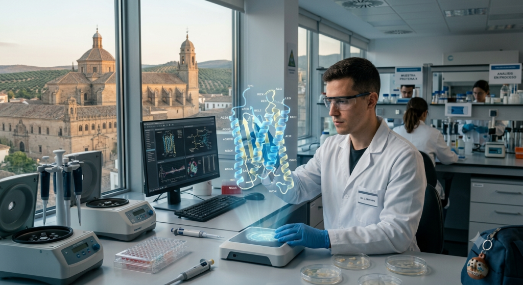 Recreación de un científico ubetense investigando proteínas en un laboratorio de biología molecular.