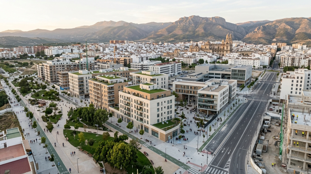 Recreación del futuro Barrio Universitario de Jaén con viviendas y zonas verdes