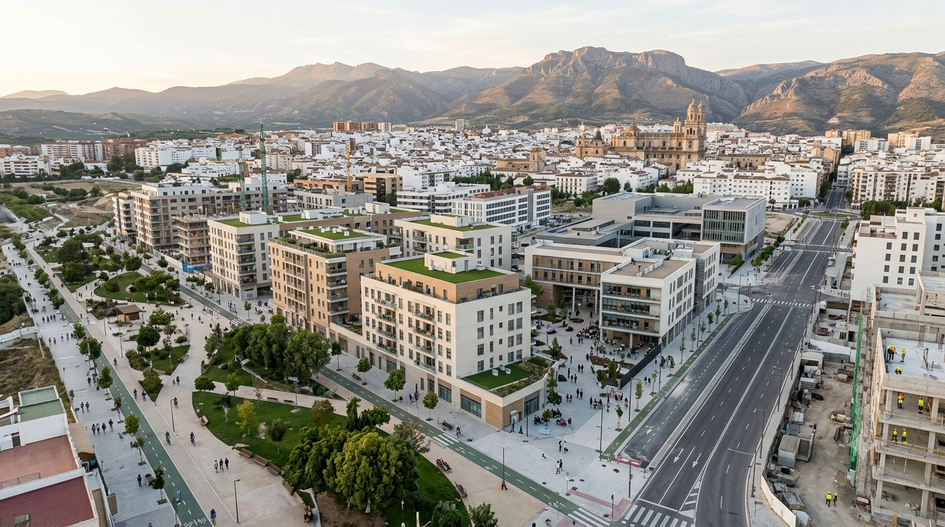 Jaén da los primeros pasos para crear un nuevo Barrio Universitario con 2.300 viviendas Recreación del futuro Barrio Universitario de Jaén con viviendas y zonas verdes