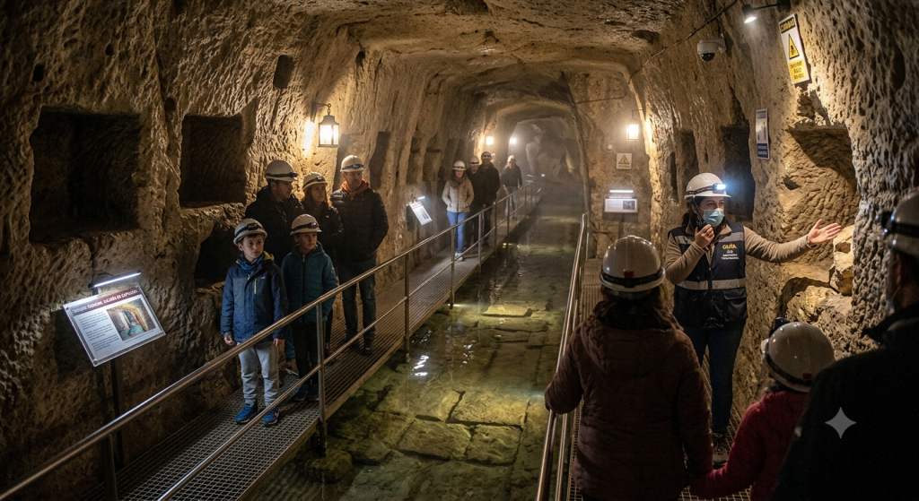 Interior de las Minas de Agua de Torreperogil, con visitantes recorriendo una antigua galería subterránea de origen romano, paredes excavadas en roca, iluminación turística tenue y segura, recreación fiel de un espacio arqueológico subterráneo, estilo fotoperiodístico realista.