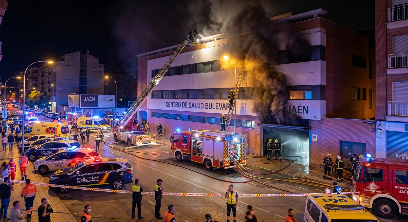 Bomberos intervienen en el incendio declarado en el Centro de Salud del Bulevar de Jaén.