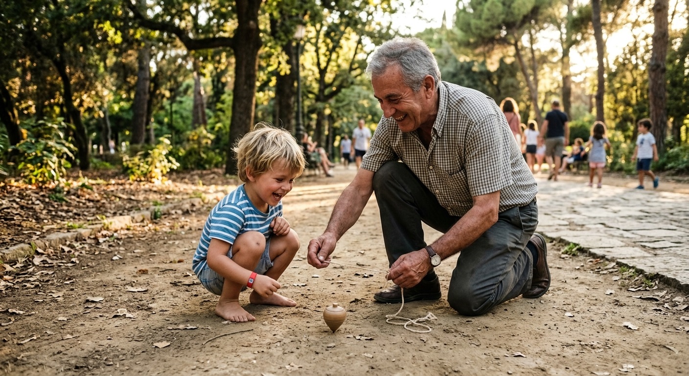 abuelo y nieto jugando a juegos tradicionales