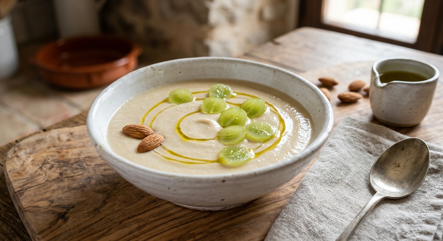 ajoblanco tradicional jiennense con uvas frescas y aceite de oliva.