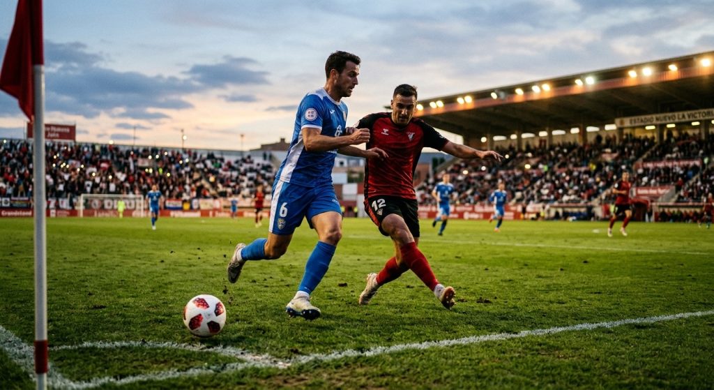 El Fuensanta C.F. mide sus fuerzas contra la A.D. Lopera en el tradicional Trofeo Alcalde balón de fútbol sobre el césped del estadio banderas de fuensanta listo para el partido.