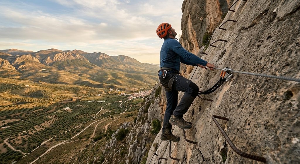 deportista realizando el recorrido de una vía ferrata en el entorno natural de albanchez de mágina.