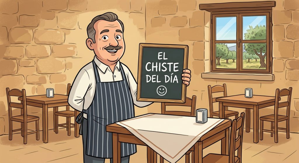 Ilustración en estilo cómic de un camarero sonriente sosteniendo una pizarra con el texto El chiste del día en un restaurante de Jaén
