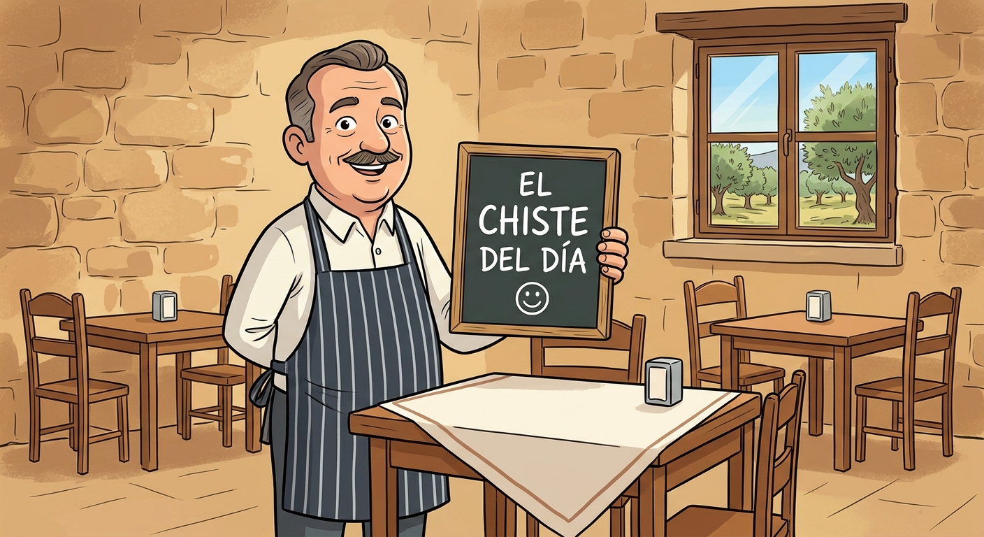 Ilustración en estilo cómic de un camarero sonriente sosteniendo una pizarra con el texto El chiste del día en un restaurante de Jaén