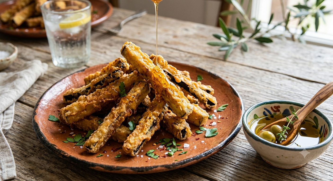 Berenjenas fritas crujientes con miel de caña y aceite de oliva.