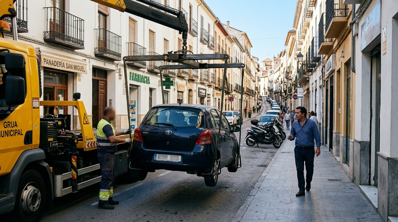 La grúa de Jaén no descansa: los coches abandonados se triplican y el depósito necesita sitio para todos la grúa municipal retira un vehículo en las calles de jaén