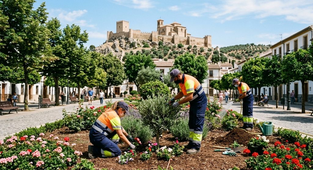 operarios del cee jardines y medio ambiente trabajando en el mantenimiento de zonas verdes en alcalá la real.