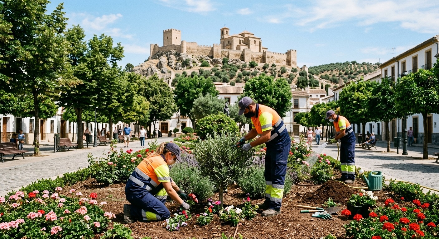 operarios del cee jardines y medio ambiente trabajando en el mantenimiento de zonas verdes en alcalá la real.