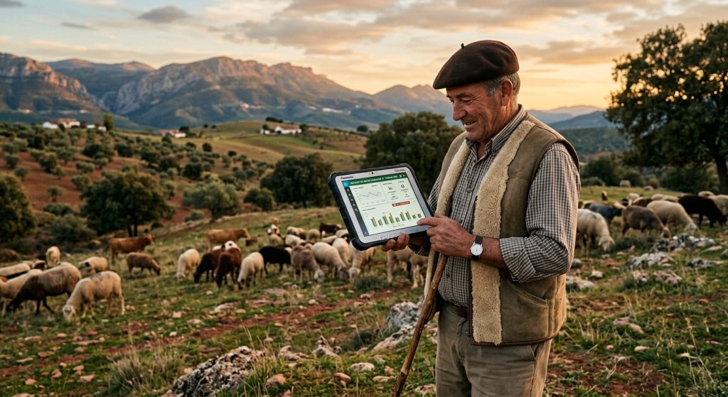 La Inteligencia Artificial llega al campo jiennense para asegurar el futuro del pastoreo y la ganadería trashumante pastor en el campo de jaén utilizando herramientas tecnológicas e inteligencia artificial para la gestión ganadera.