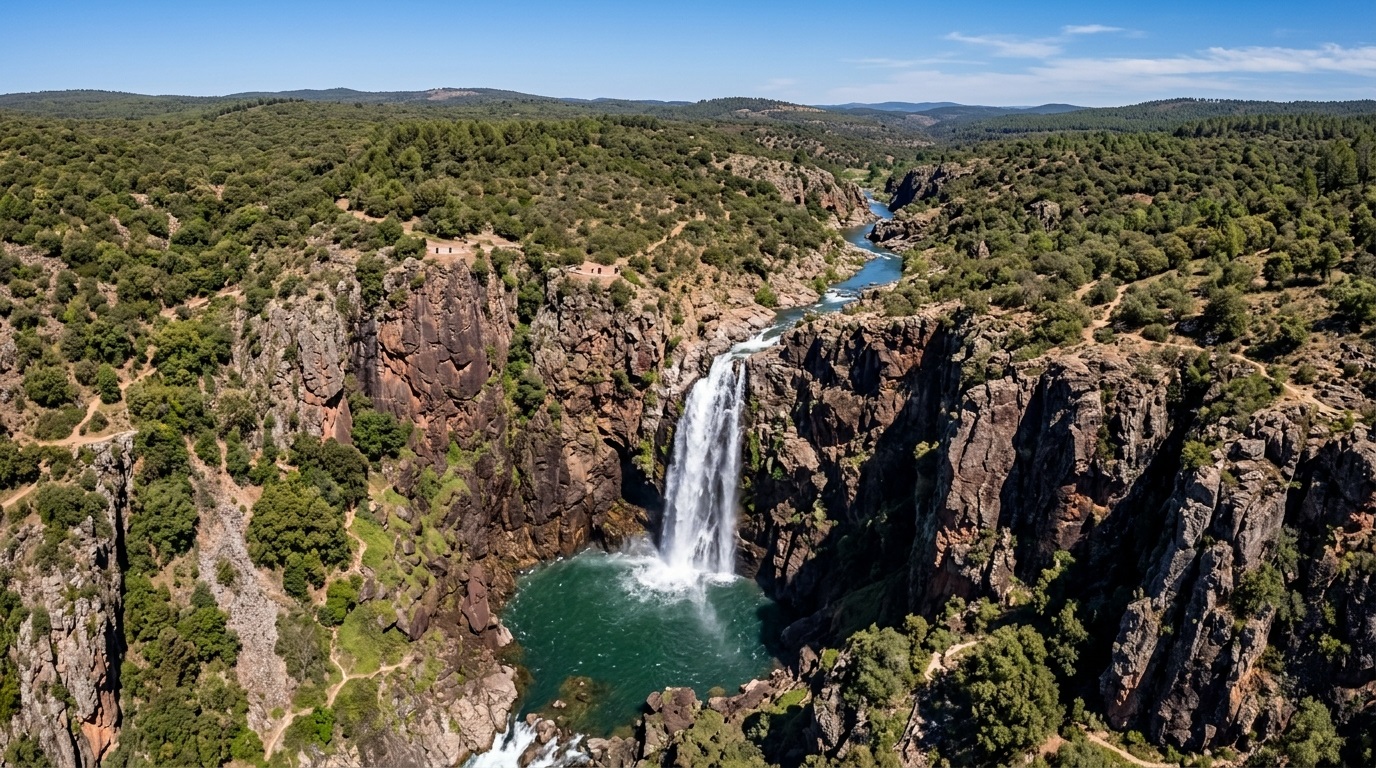 vista de la cascada de la cimbarra en el paraje natural de aldeaquemada.