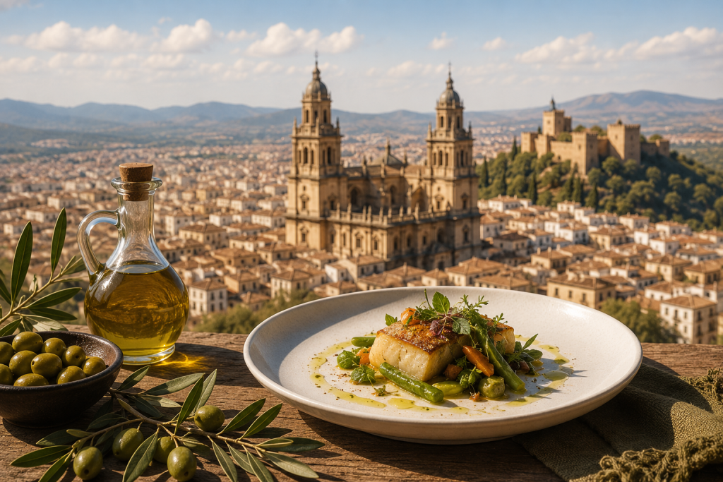 ciudad al fondo y, delante, aceite, aceitunas, productos de la tierra o un plato de alta cocina.