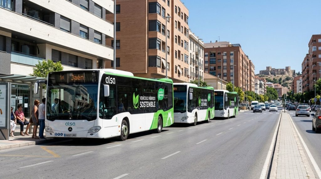 Jaén renueva su transporte urbano con tres autobuses híbridos y alcanza el 80% de flota verde presentación de los tres nuevos autobuses urbanos híbridos del ayuntamiento de jaén y alsa.
