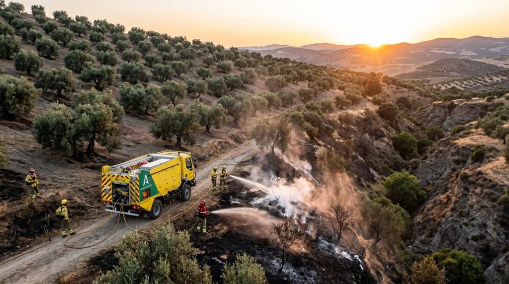 Un herido leve en el incendio forestal y de olivar controlado en Bélmez de la Moraleda trabajos de extinción en el incendio de olivar bajo el polideportivo de bélmez de la moraleda.