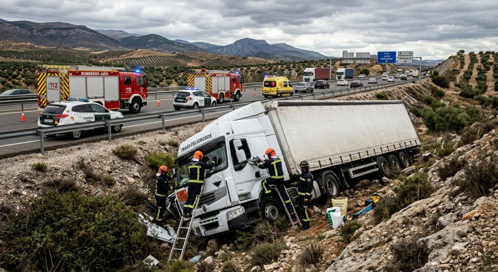 Los bomberos rescatan a un conductor atrapado tras salirse un camión de la A-44 en Jaén bomberos rescatan conductor camion a44 jaen