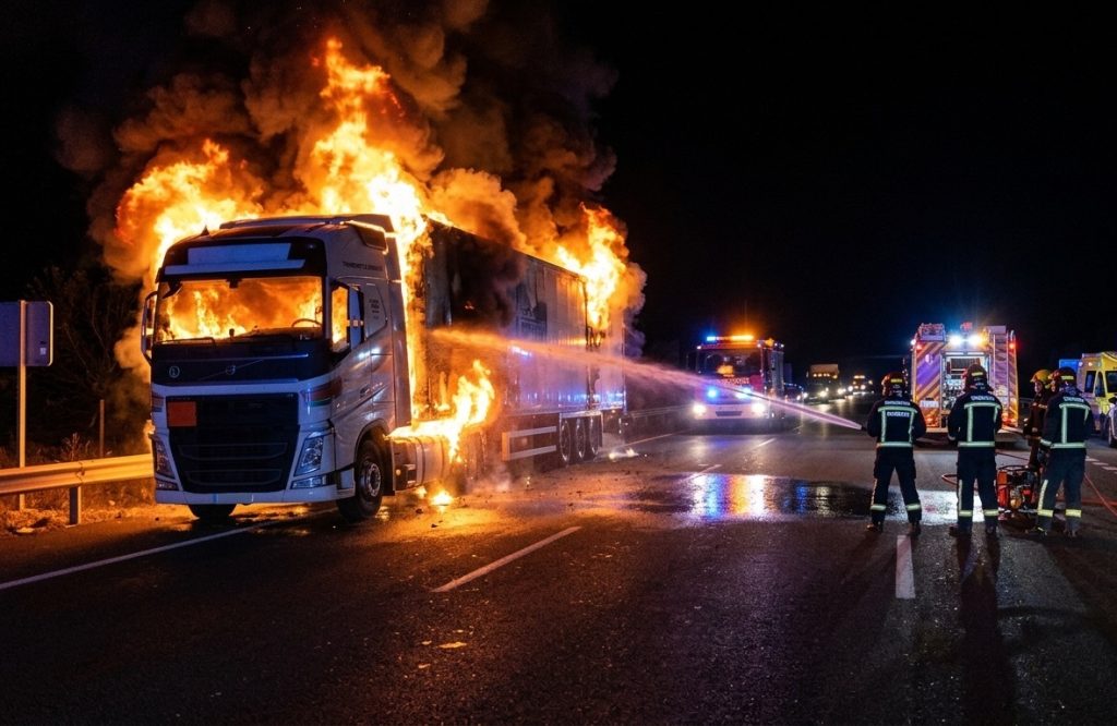 un camión arde durante horas tras un accidente en bailén