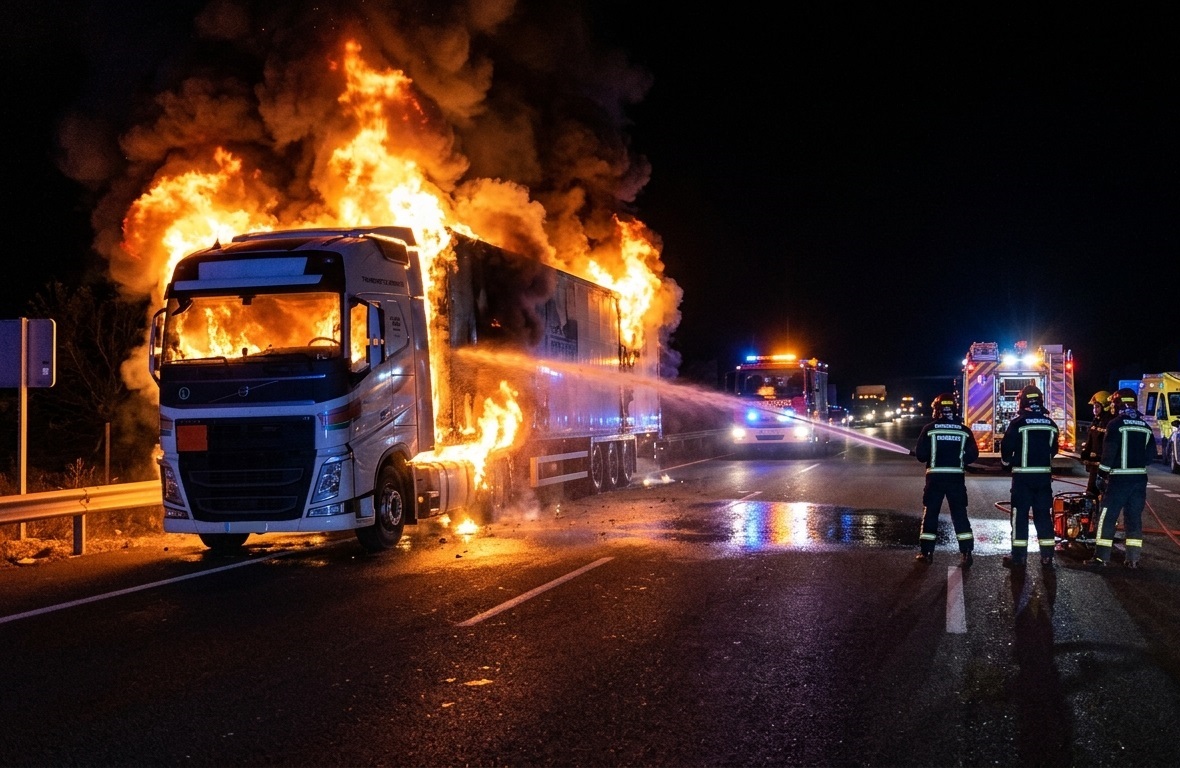 un camión arde durante horas tras un accidente en bailén