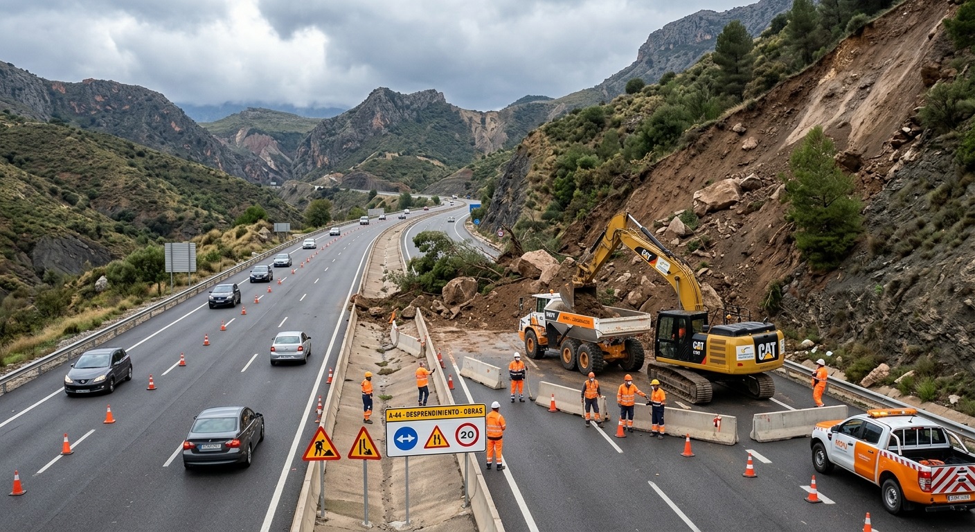 Un desprendimiento obliga a cortar la A-44 en Campillo de Arenas tras las fuertes lluvias un desprendimiento corta la a 44 en campillo de arenas